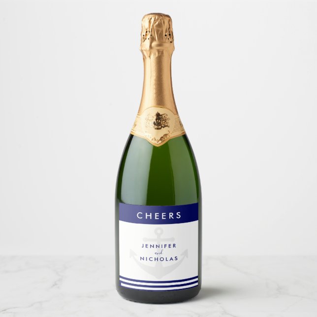 Modern Nautical Anchor Wedding Sparkling Wine Label (Front)