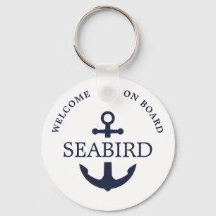 Modern Nautical Anchor Welcome Aboard Navy Blue Keychain