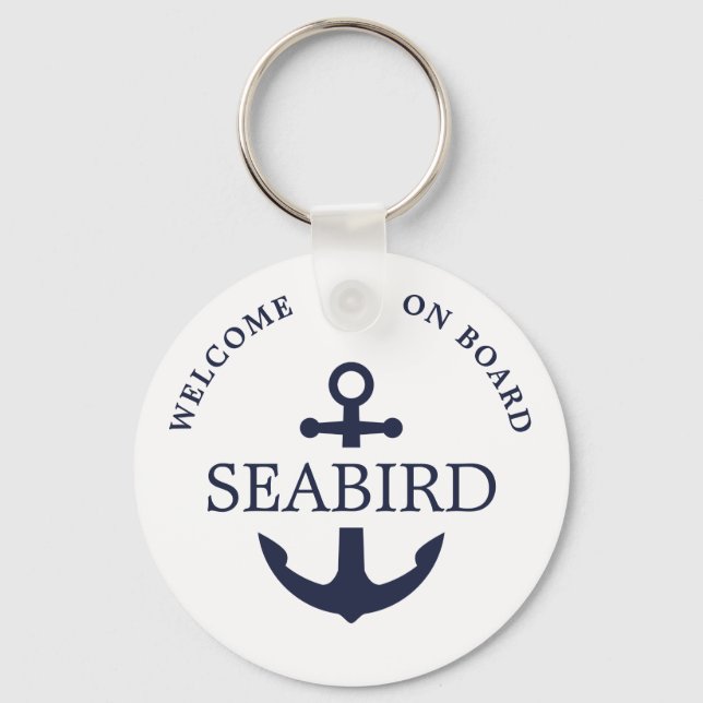 Modern Nautical Anchor Welcome Aboard Navy Blue Keychain (Front)
