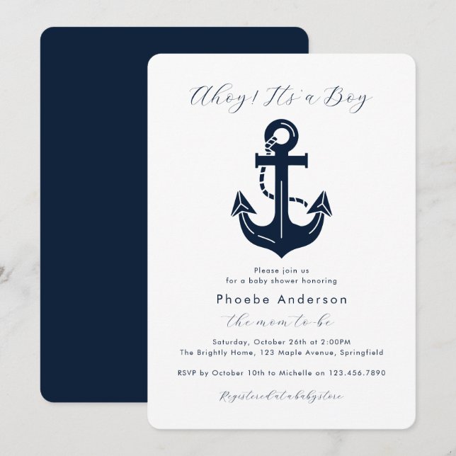 Modern Nautical Baby Shower Solid Navy Reverse Invitation (Front/Back)