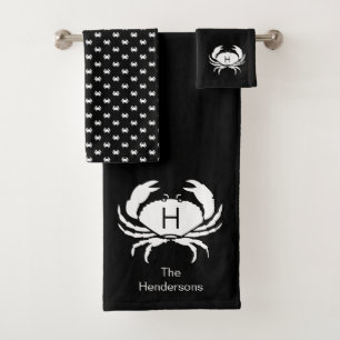Modern Nautical Black Crab Monogram Name  Bath Towel Set