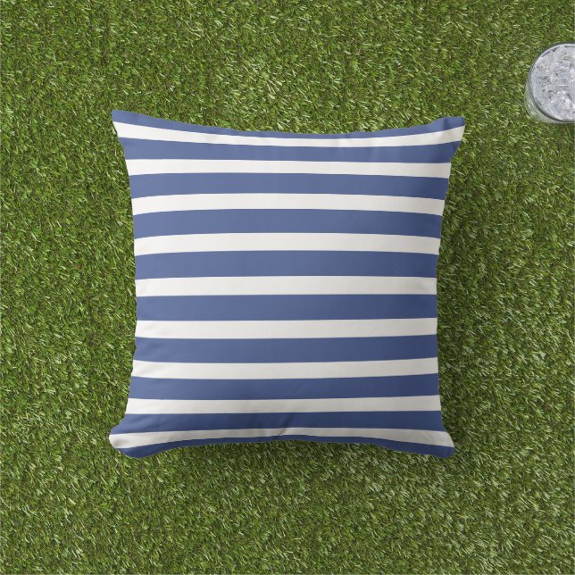 Modern Nautical Blue and White Stripes Outdoor Pillow (Grass)
