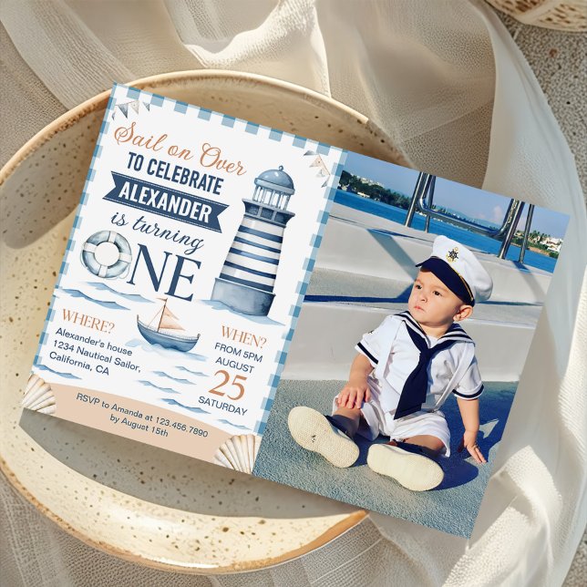 Modern Nautical Blue Boy 1st Birthday Photo Invitation (Creator Uploaded)