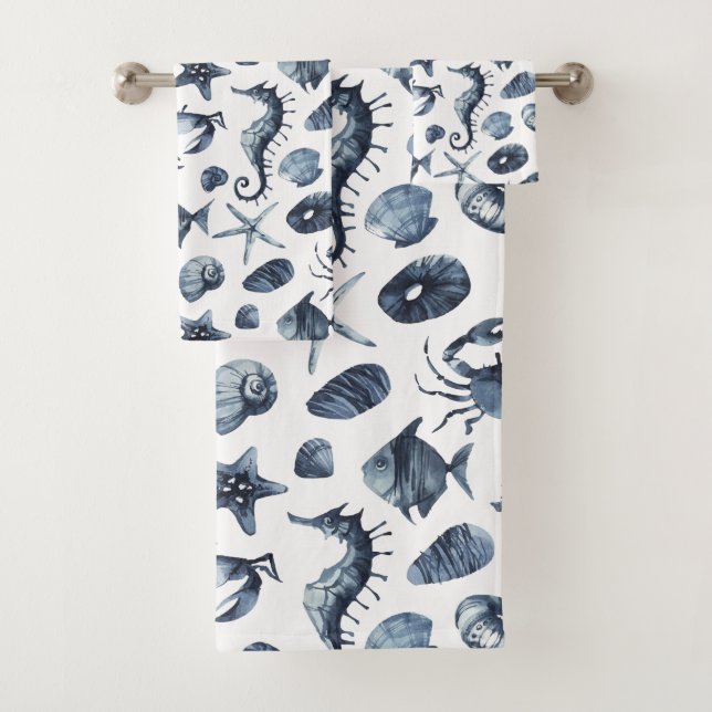 Modern Nautical blue starfish seahorse seashell Bath Towel Set (Insitu)