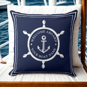 Modern Nautical Boat Name Anchor Welcome Aboard  Throw Pillow
