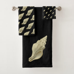 Modern Nautical Cream Seashells Black Bathroom Bath Towel Set