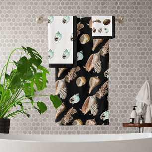 Modern Nautical Cream Teal shell Black Bathroom Bath Towel Set