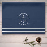 Modern Nautical Custom Boat Name Anchor Welcome Kitchen Towel<br><div class="desc">Nautical boating kitchen towel in navy blue reading "welcome aboard" as well as your custom boat name and location within an anchor design.</div>