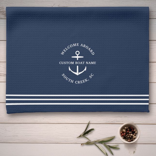 Modern Nautical Custom Boat Name Anchor Welcome Kitchen Towel (Creator Uploaded)