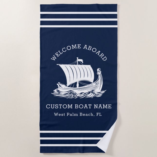 Modern Nautical Custom Boat Name & Ship Logo Beach Towel (Front)