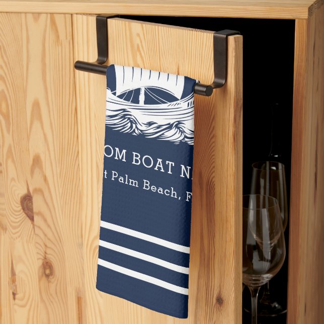 Modern Nautical Custom Boat Name & Ship Logo Kitchen Towel (Thirds Fold)