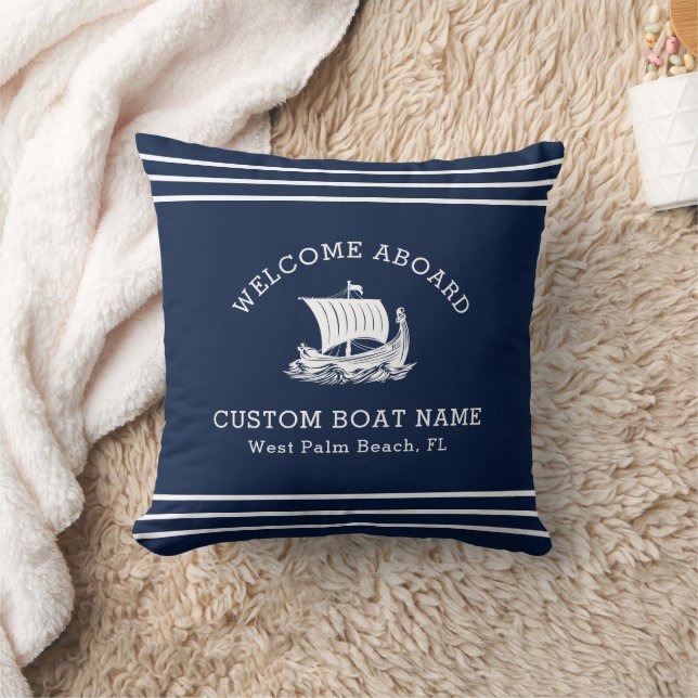 Modern Nautical Custom Boat Name & Ship Logo Throw Pillow (Blanket)