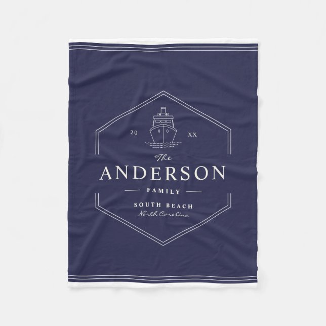 Modern Nautical Family Beach Boat Lake House Blue Fleece Blanket (Front)