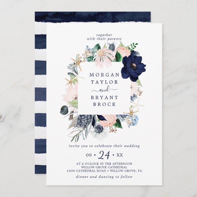 Modern Nautical | Floral Square Frame Wedding Invitation (Front/Back)