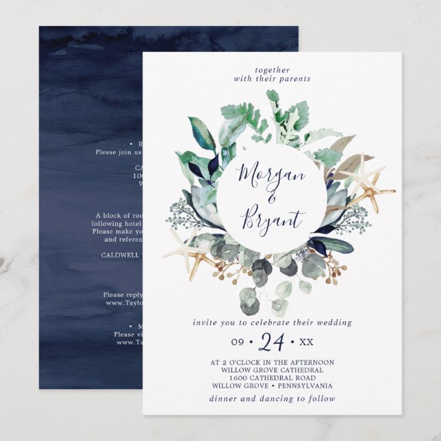 Modern Nautical | Greenery All In One Wedding Invitation (Front/Back)