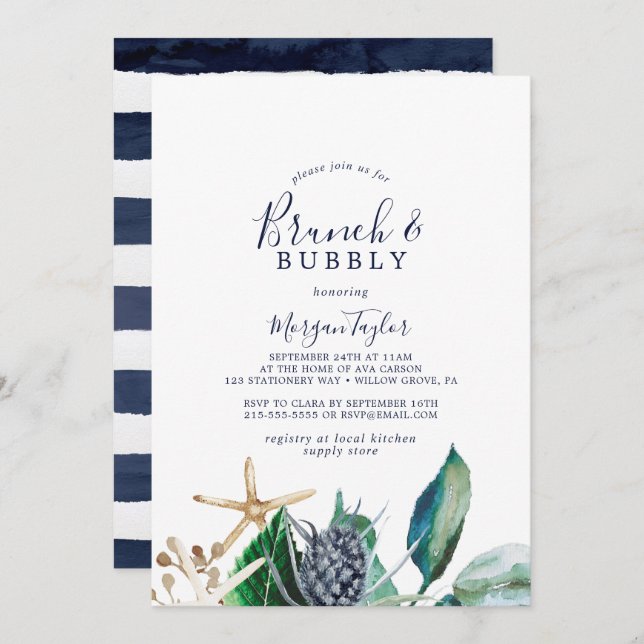 Modern Nautical | Greenery Brunch and Bubbly Invitation (Front/Back)