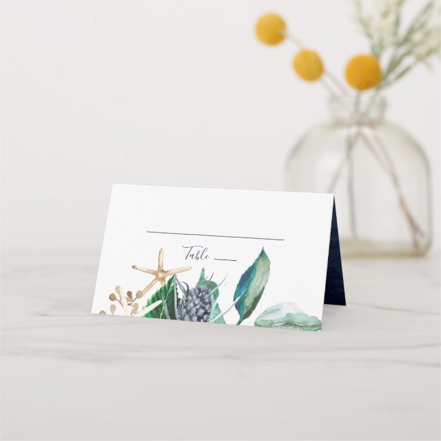 Modern Nautical | Greenery Folded Wedding Place Card (Front)