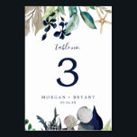 Modern Nautical | Greenery Table Number<br><div class="desc">This modern nautical greenery table number is perfect for a cruise or beach wedding. The botanical design features beautiful green leaves with navy flower and gold starfish accents, giving it a beachy vibe. The card prints on the front and back (double-sided). Items are printed exactly as they appear on your...</div>