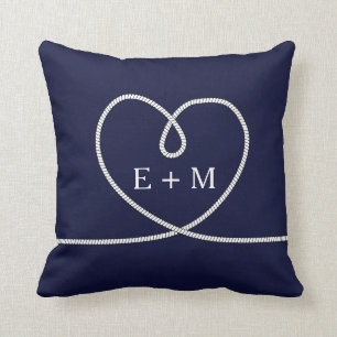 Modern Nautical Heart Rope Monogram Decorative Throw Pillow