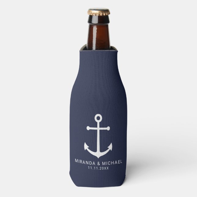 Modern Nautical Navy Blue Anchor Wedding Favour Bottle Cooler (Bottle Front)
