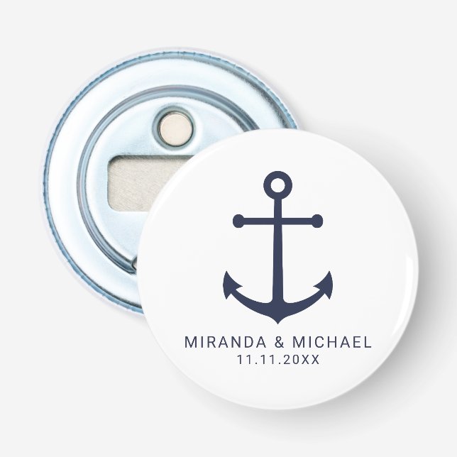 Modern Nautical Navy Blue Anchor Wedding Favour Bottle Opener (Front)