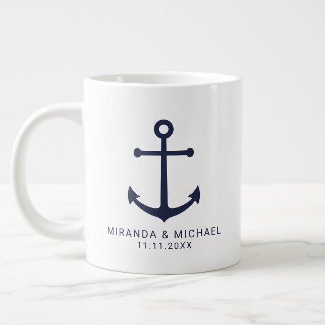 Modern Nautical Navy Blue Anchor Wedding Favour Co Large Coffee Mug (Left)