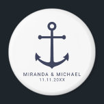 Modern Nautical Navy Blue Anchor Wedding Favour Magnet<br><div class="desc">Modern Minimalist Nautical Navy Blue Anchor Wedding Favour Magnet
featuring navy blue anchor and personalized bride and groom's name with wedding date in navy blue modern sans serif font style on white background.

Perfect for nautical themed wedding,  beach themed wedding and more.</div>