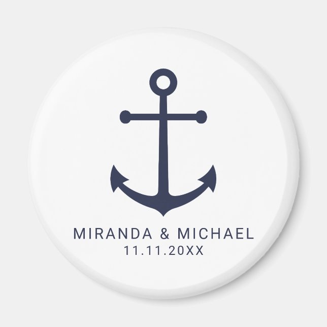 Modern Nautical Navy Blue Anchor Wedding Favour Magnet (Front)