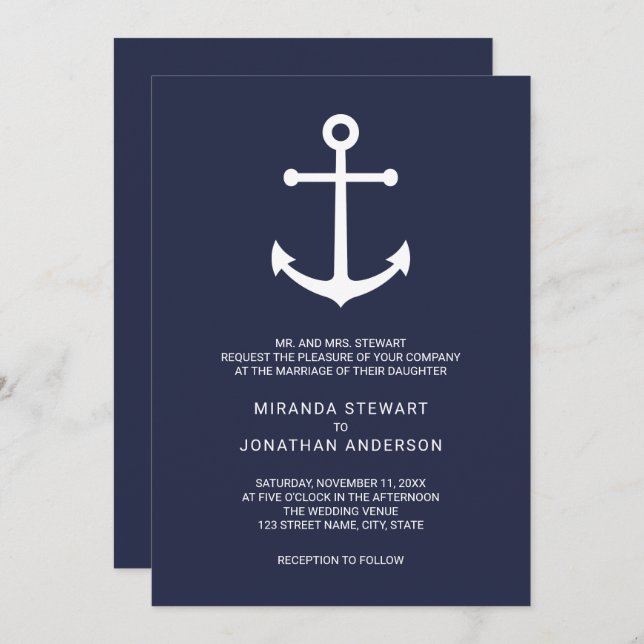 Modern Nautical Navy Blue Anchor Wedding Invitation (Front/Back)