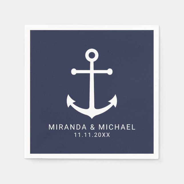 Modern Nautical Navy Blue Anchor Wedding Napkin (Front)