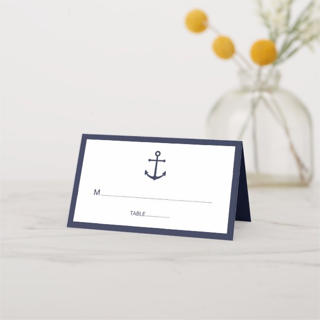 Modern Nautical Navy Blue Anchor Wedding Place Card (Front)