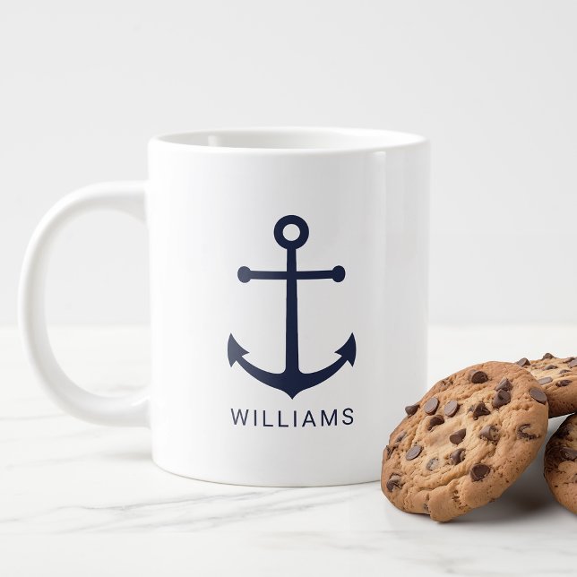 Modern Nautical Navy Blue Anchor with Custom Name Large Coffee Mug (Creator Uploaded)