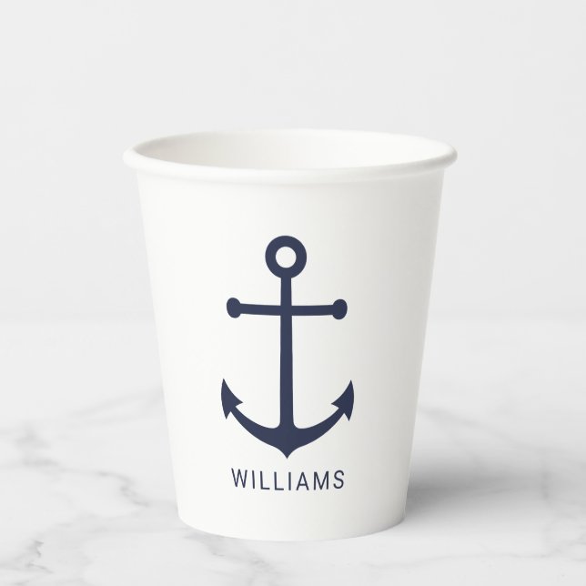 Modern Nautical Navy Blue Anchor with Custom Name Paper Cups (Front)