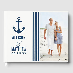 Modern Nautical Navy Blue and White Wedding Photo Guest Book