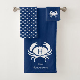 Modern Nautical Navy Blue Crab Monogram Name  Bath Towel Set