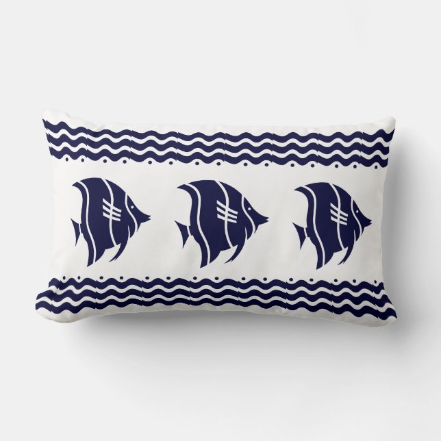 Modern Nautical Navy Blue Fish Lumbar Pillow (Front)