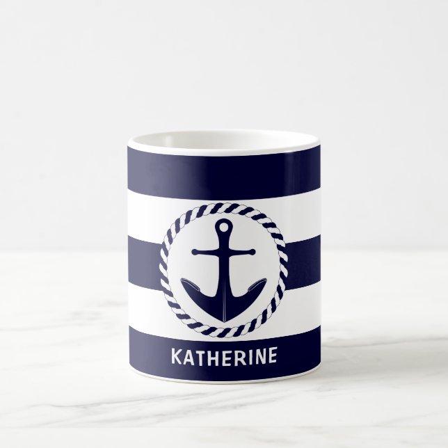 Modern Nautical Navy Blue Striped And Anchor Coffee Mug (Center)