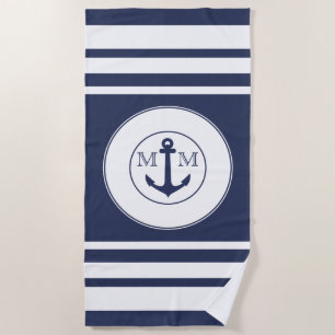Modern Nautical Navy Blue White Stripes Monogram  Beach Towel