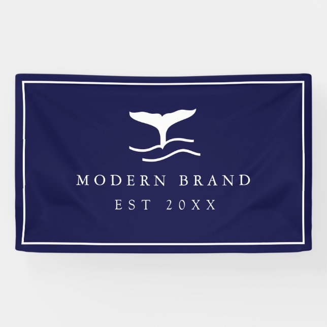 Modern Nautical Navy Elegant Coastal Whale Fin Banner (Horizontal)