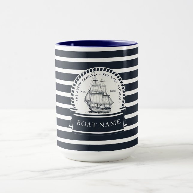 Modern Nautical Personalized Blue Boat Mug (Center)