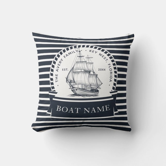 Modern Nautical Personalized Boat Throw Pillow (Front)