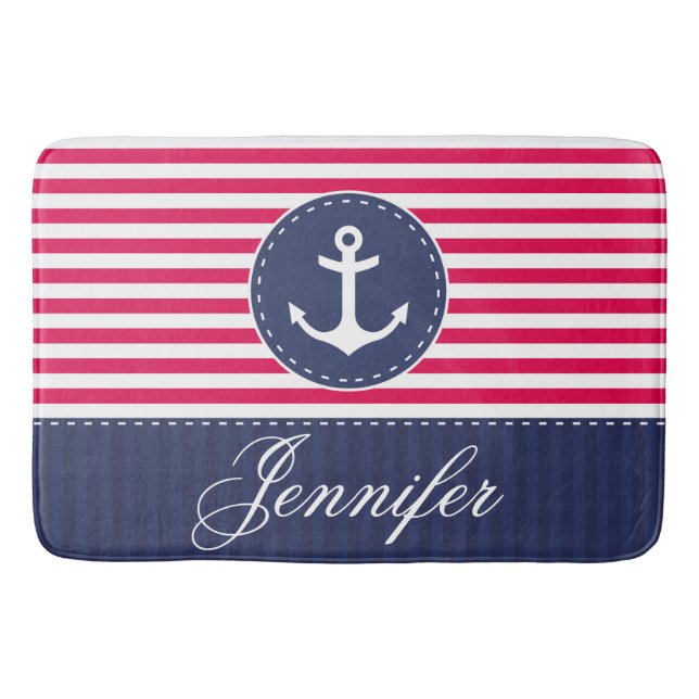 Modern Nautical Red Blue Anchor Personalized Bath Mat (Front)