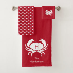 Modern Nautical Red Crab Monogram Name Bath Towel Set