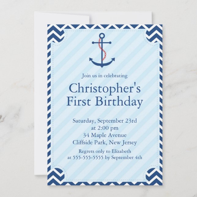 Modern Nautical Sailboat Anchor Birthday Party Invitation (Front)