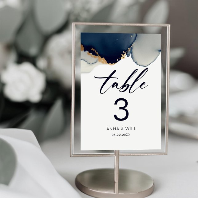 Modern Nautical Script Navy Blue Beach Wedding Table Number (navy nautical wedding table number modern elegant bohemian boho summer winter beach)
