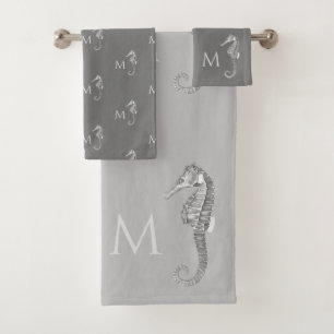 Modern Nautical Seahorse Bathroom Marine Grey Bath Towel Set