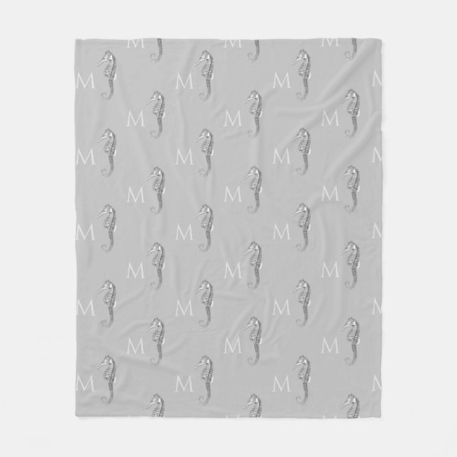 Modern Nautical Seahorse Bathroom Marine Grey  Fleece Blanket (Front)