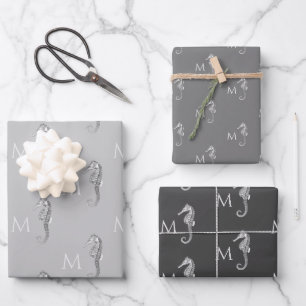 Modern Nautical Seahorse Bathroom Marine Grey  Wrapping Paper Sheet