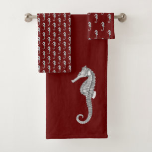 Modern Nautical Seahorse Bathroom Maroon Red Bath Towel Set