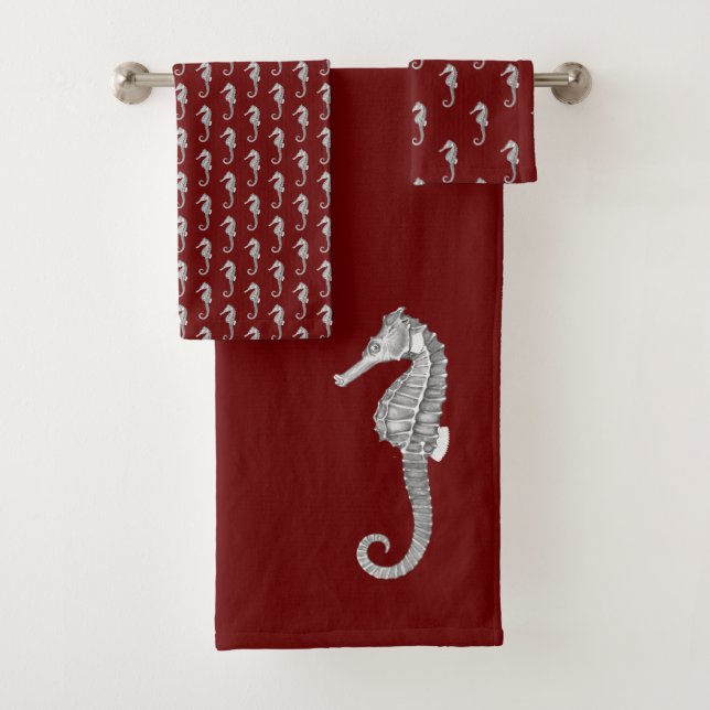 Modern Nautical Seahorse Bathroom Maroon Red  Bath Towel Set (Insitu)
